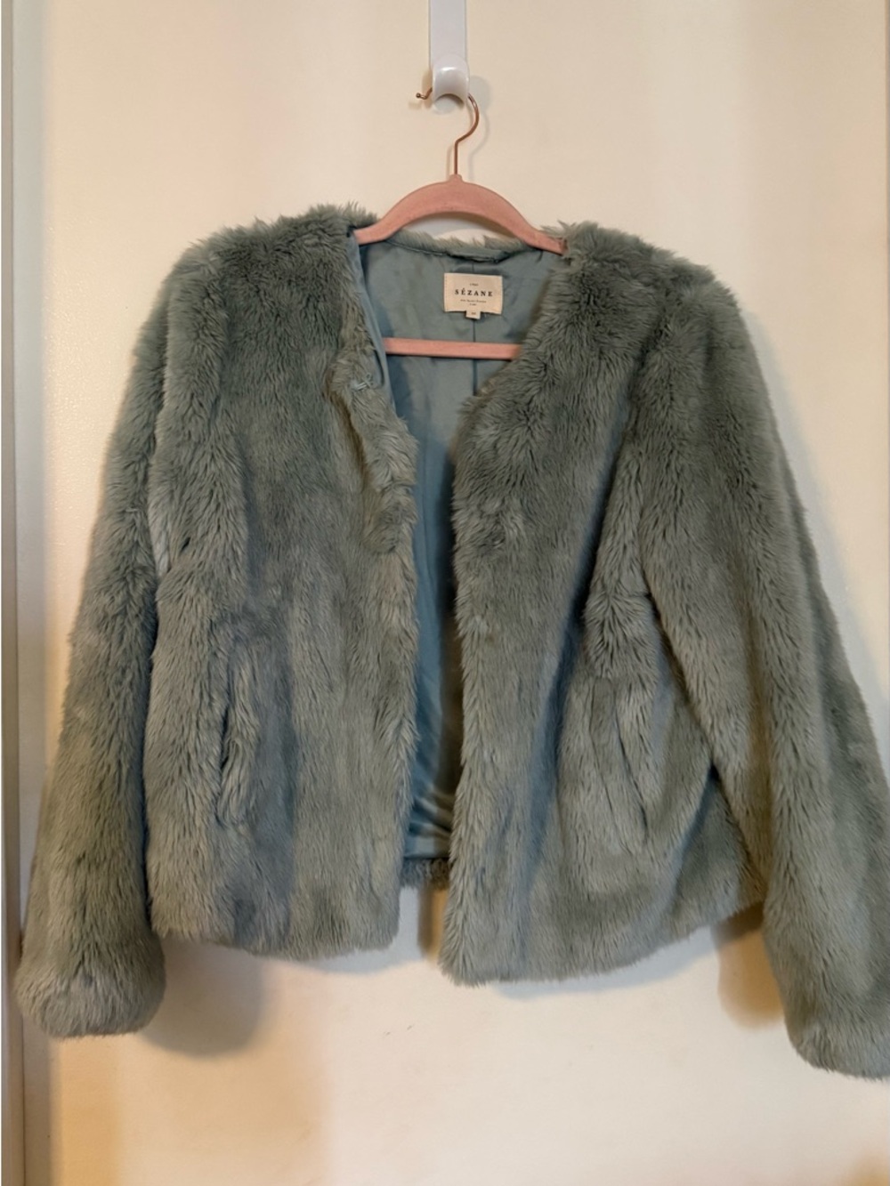 Green Sezane Lio Faux Fur Jacket - Plush Short Coat